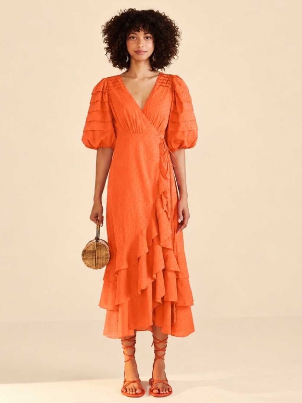 NWT FARM Rio Orange Ruffles Midi Dress XXS Wrap Swiss Dot - Picture 2 of 11